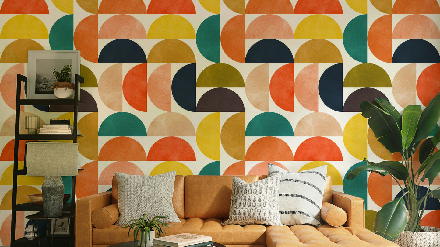 A wallpaper with a repeating semicircle pattern.

