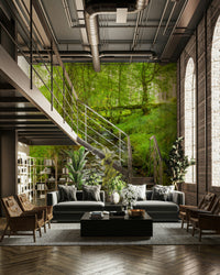 The mural gives a feeling of being in a lush, green forest.

