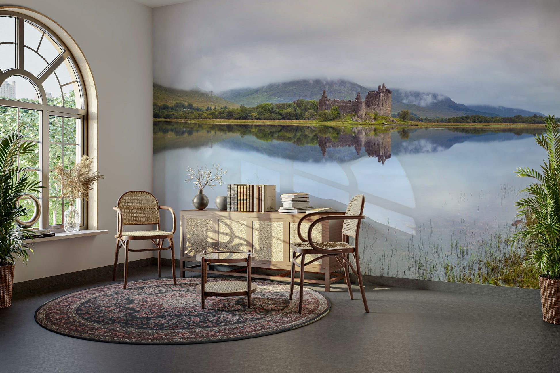 The colors are muted tones of gray, green, and brown.

