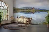 The colors are muted tones of gray, green, and brown.

