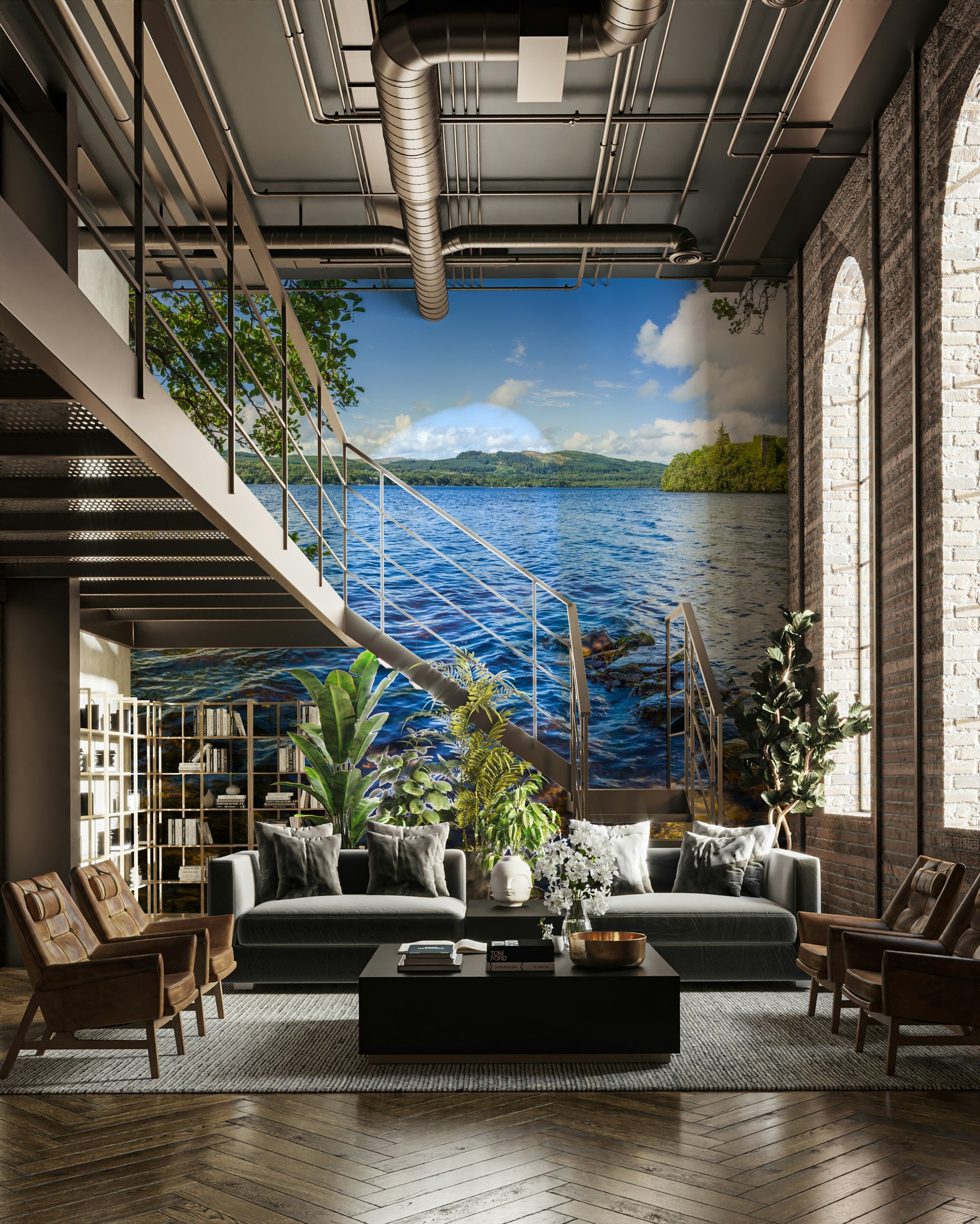 The image shows a serene lake surrounded by hills.

