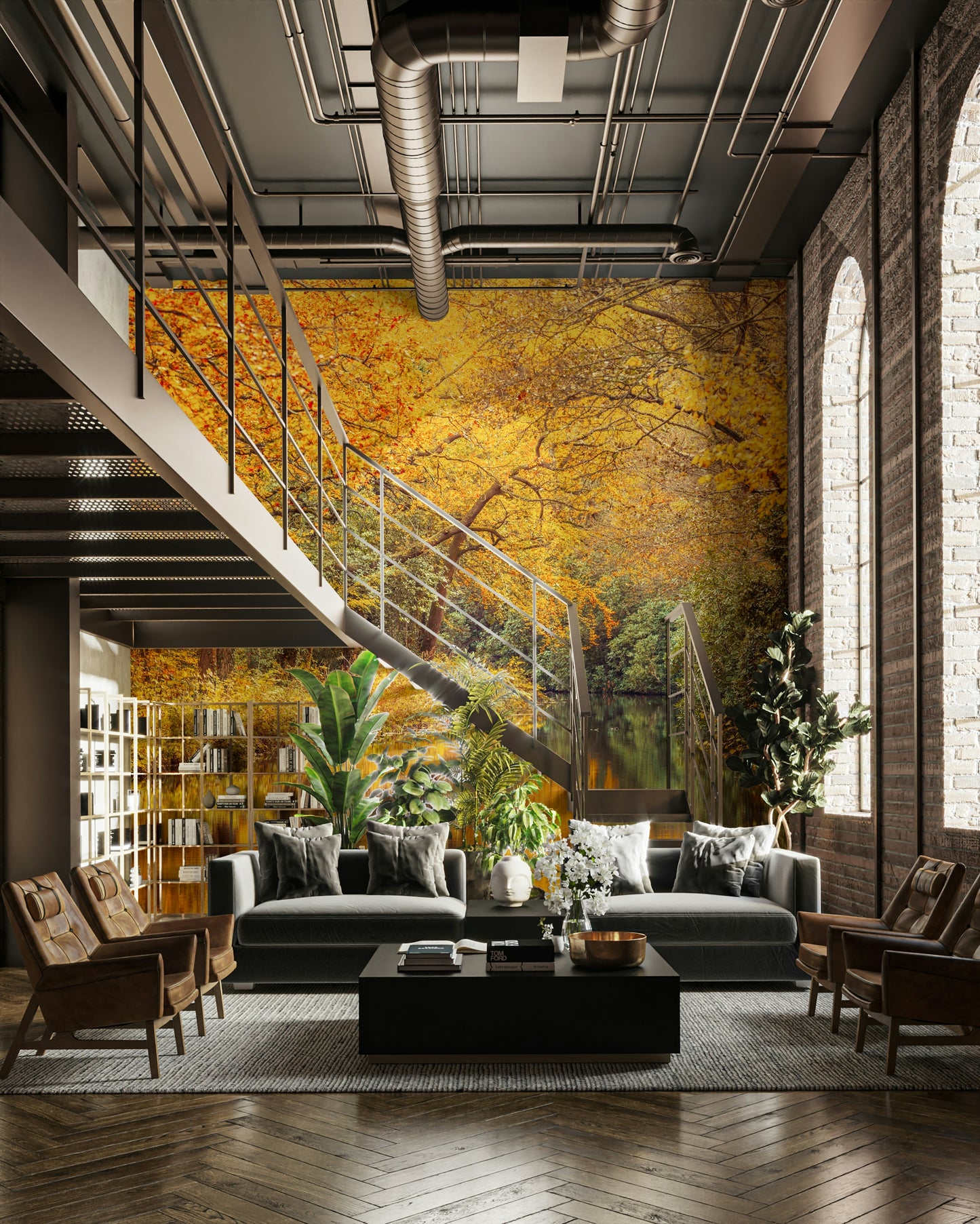 The ground is covered with fallen leaves.

