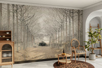 A wall mural of a winter tree alley.

