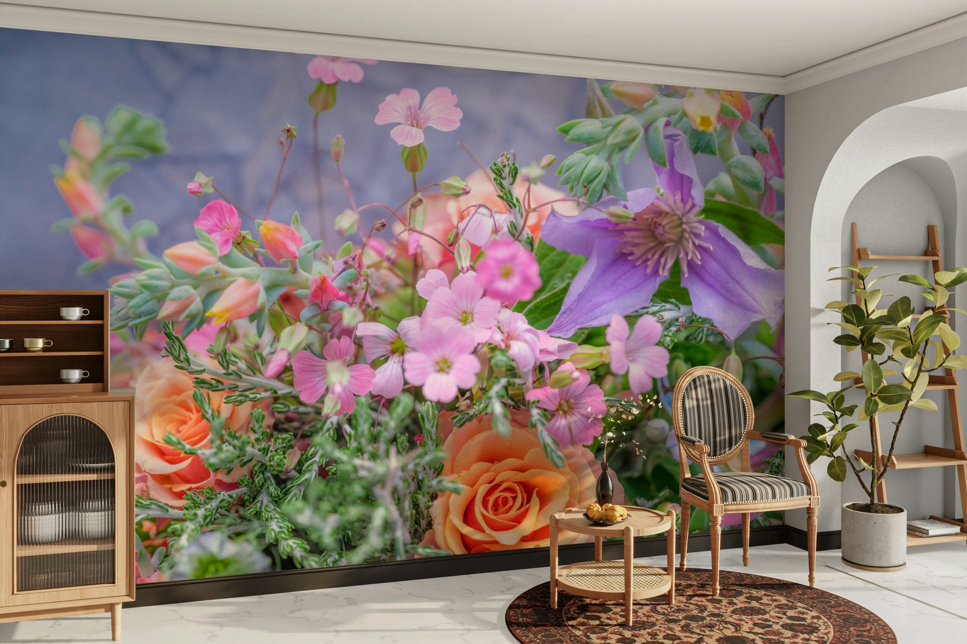 The composition is full of flowers and leaves.

