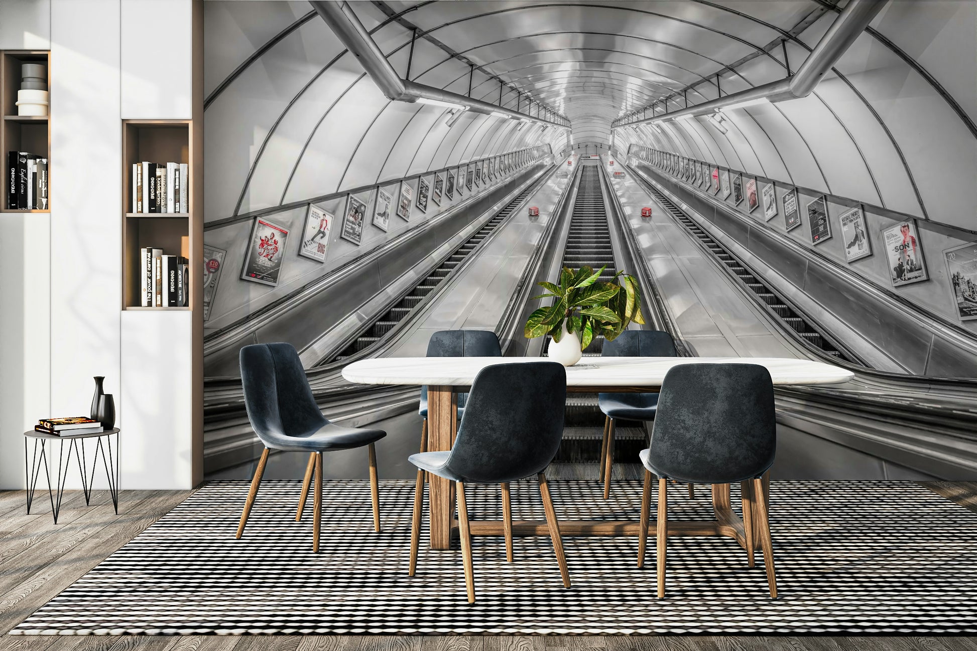 The colors are deep grays, blacks, and whites.

