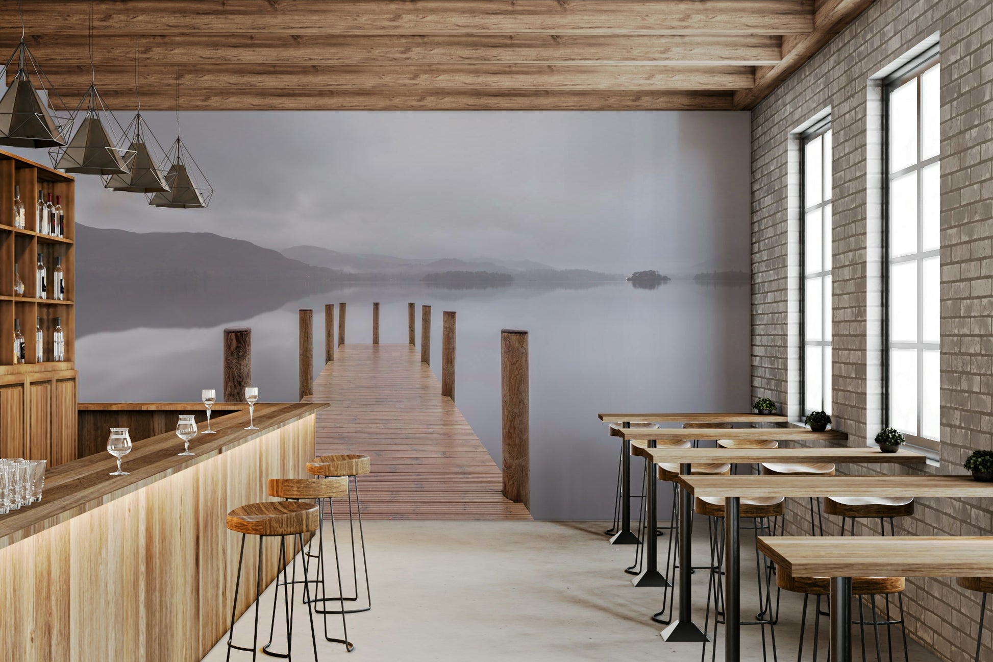 A wall mural of a serene wooden pier.

