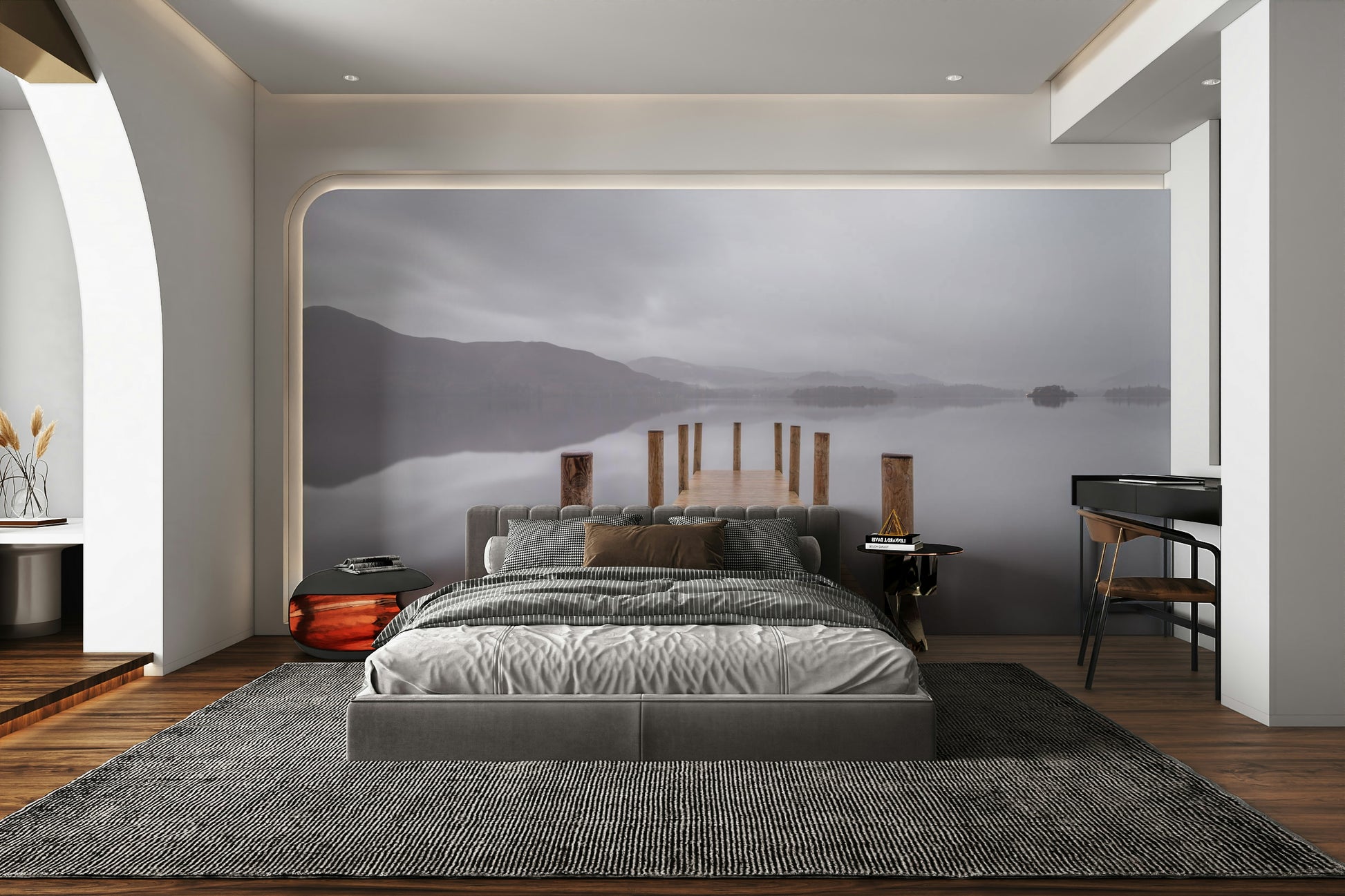 The mural gives a feeling of being by a calm body of water.

