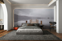 The mural gives a feeling of being by a calm body of water.

