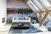 A wall mural of a serene lakescape.

