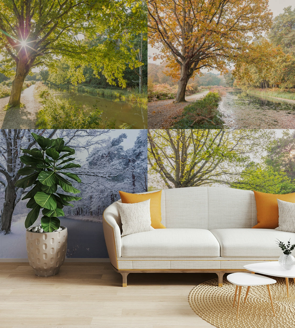 The top-left panel is a summer scene with green leaves.

