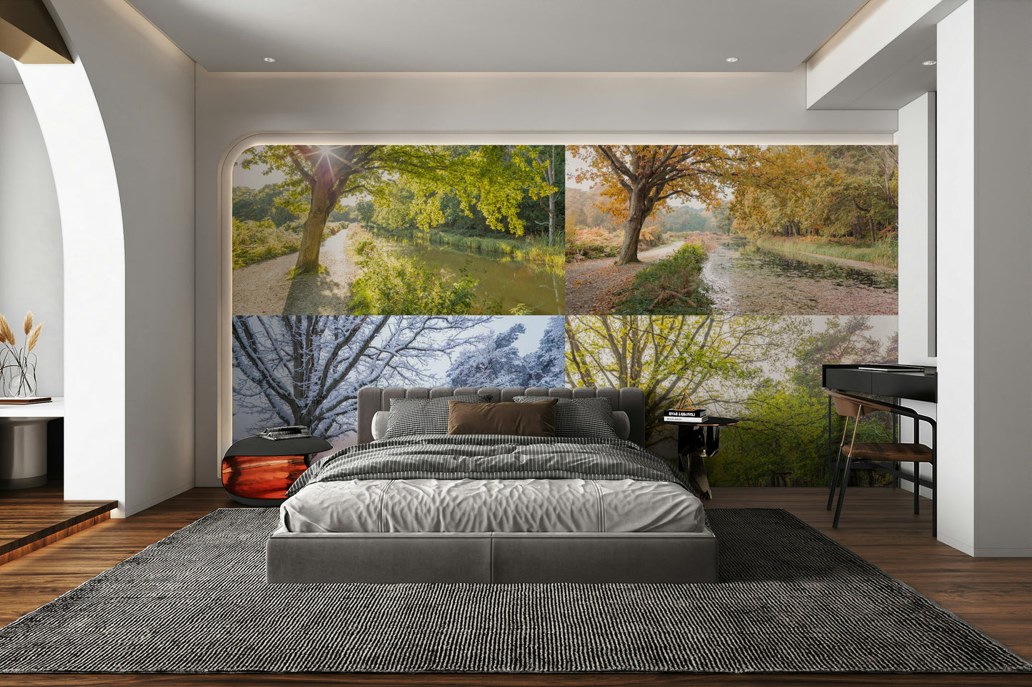 The top-right panel is an autumn scene with yellow leaves.

