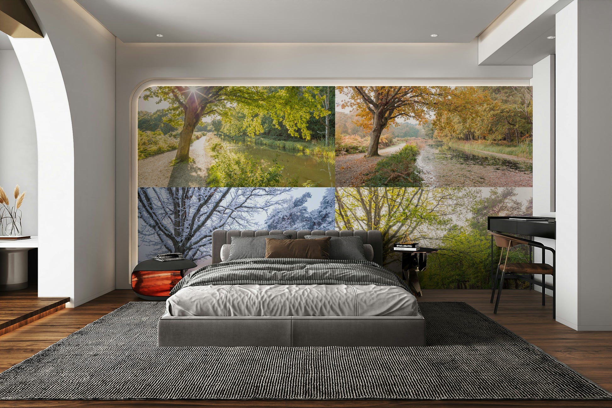 The top-right panel is an autumn scene with yellow leaves.

