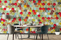 A wall mural with a vibrant marble pattern.

