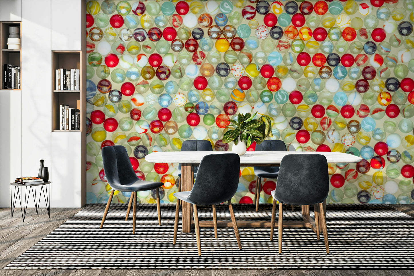 The image shows a repeating pattern of colorful, swirling shapes.

