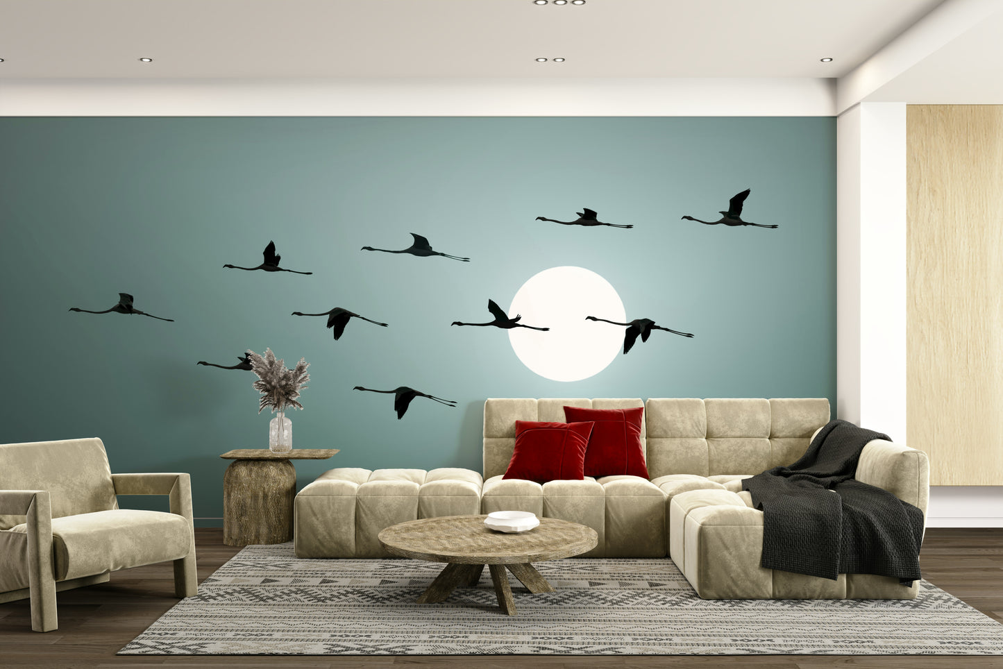 The flamingos are a central focus of the image.

