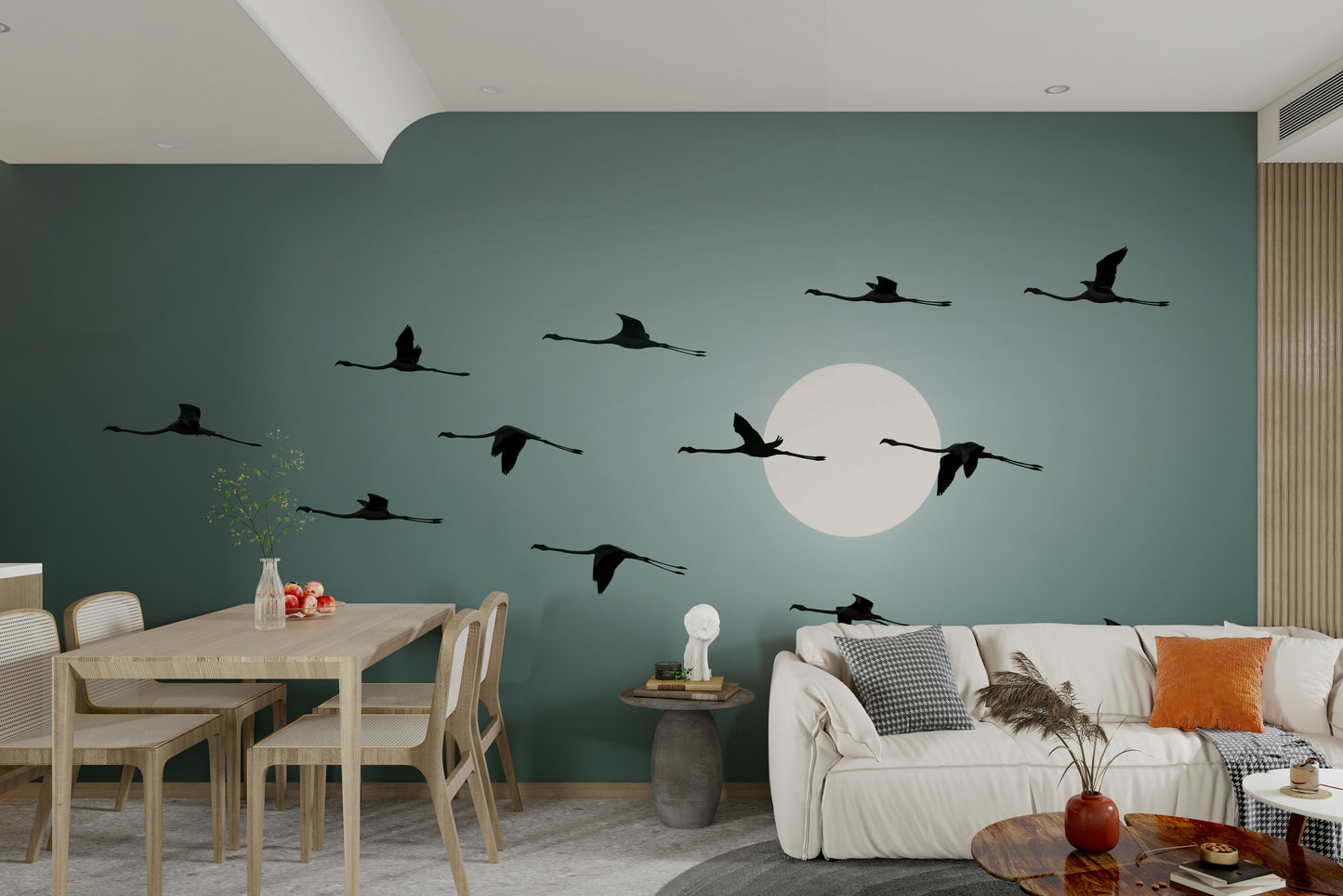 The image shows a flock of flamingo silhouettes.

