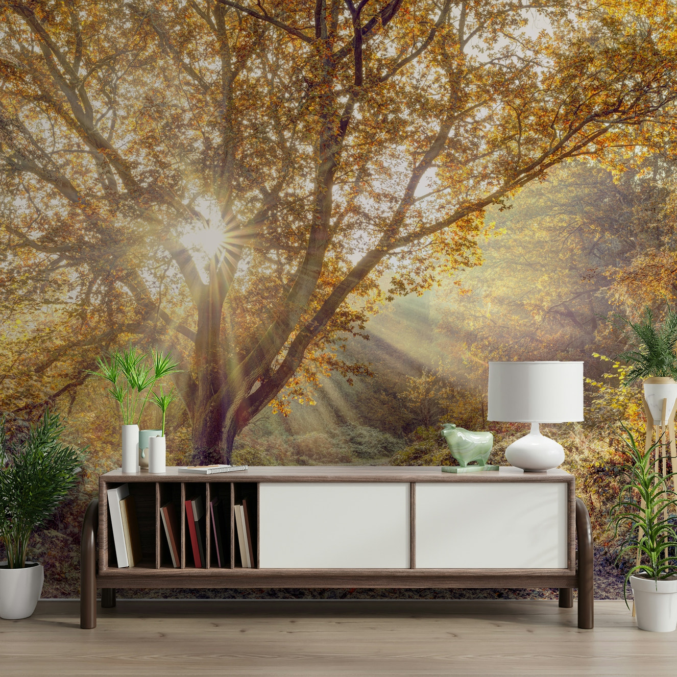 A wall mural of a golden, radiant forest.

