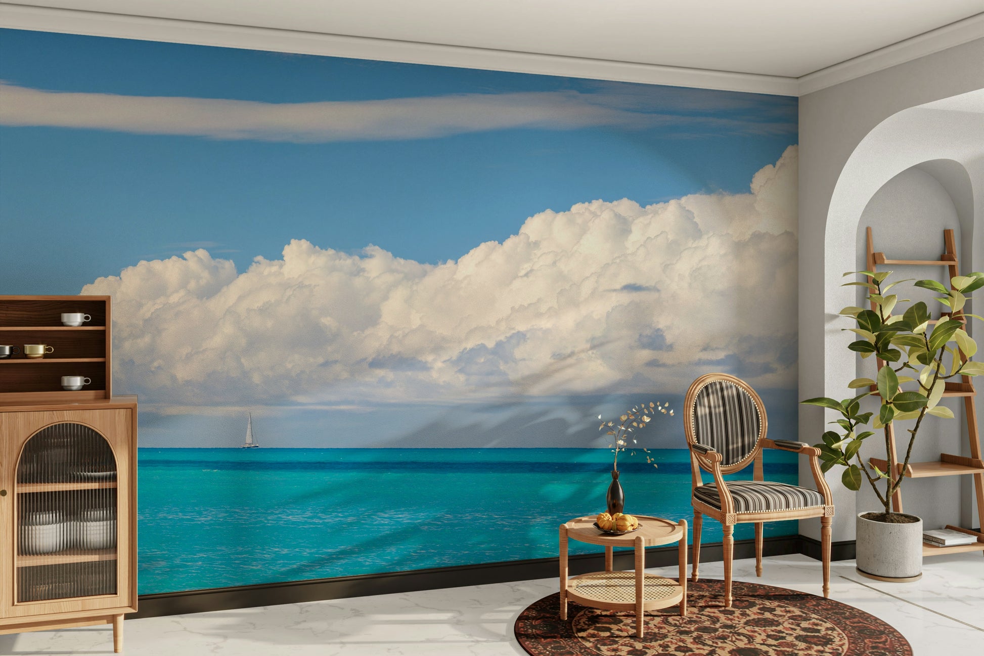 Two small white sailboats are in the distance.

