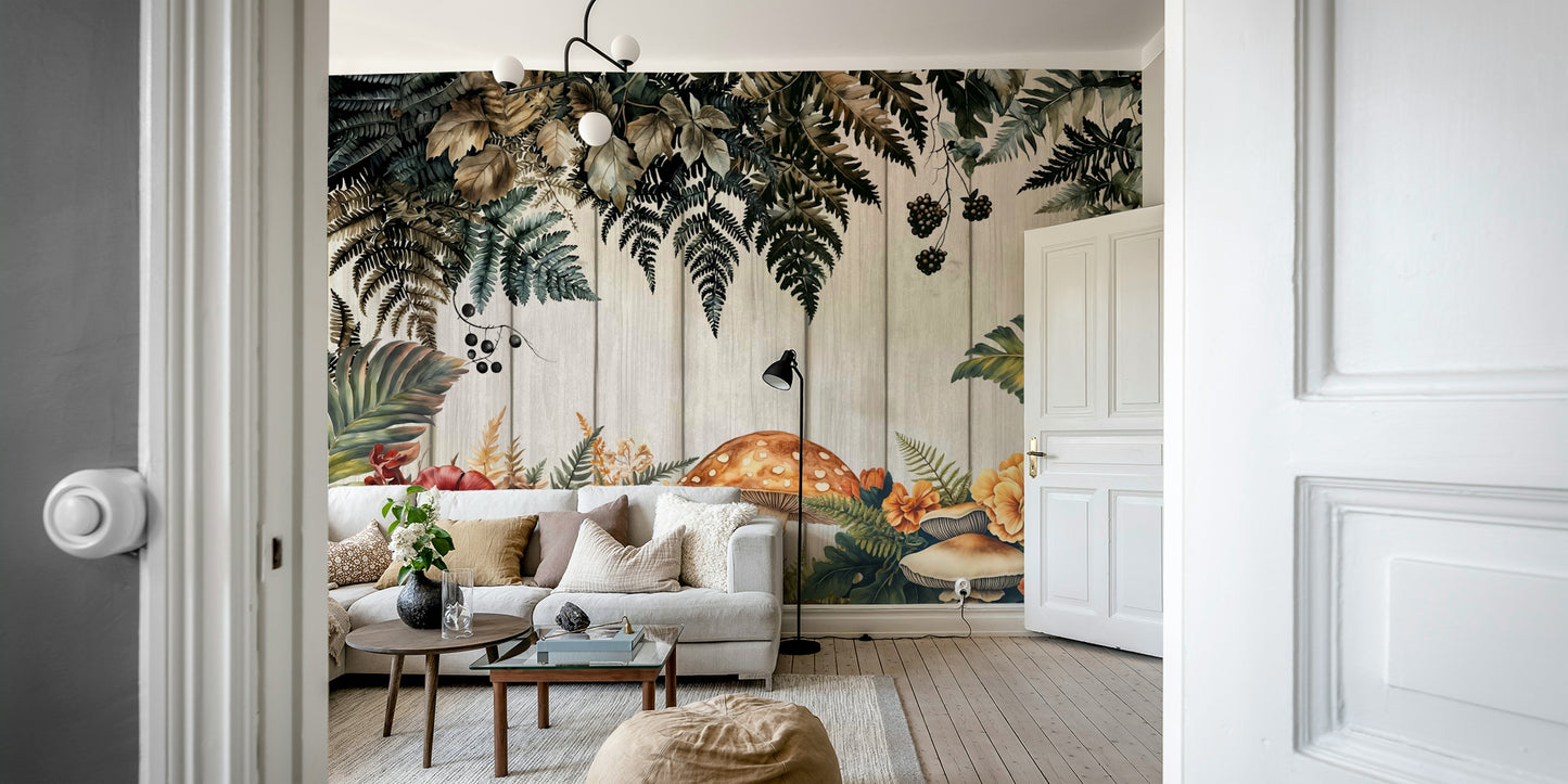 The ferns and mushrooms are a central focus of the image.

