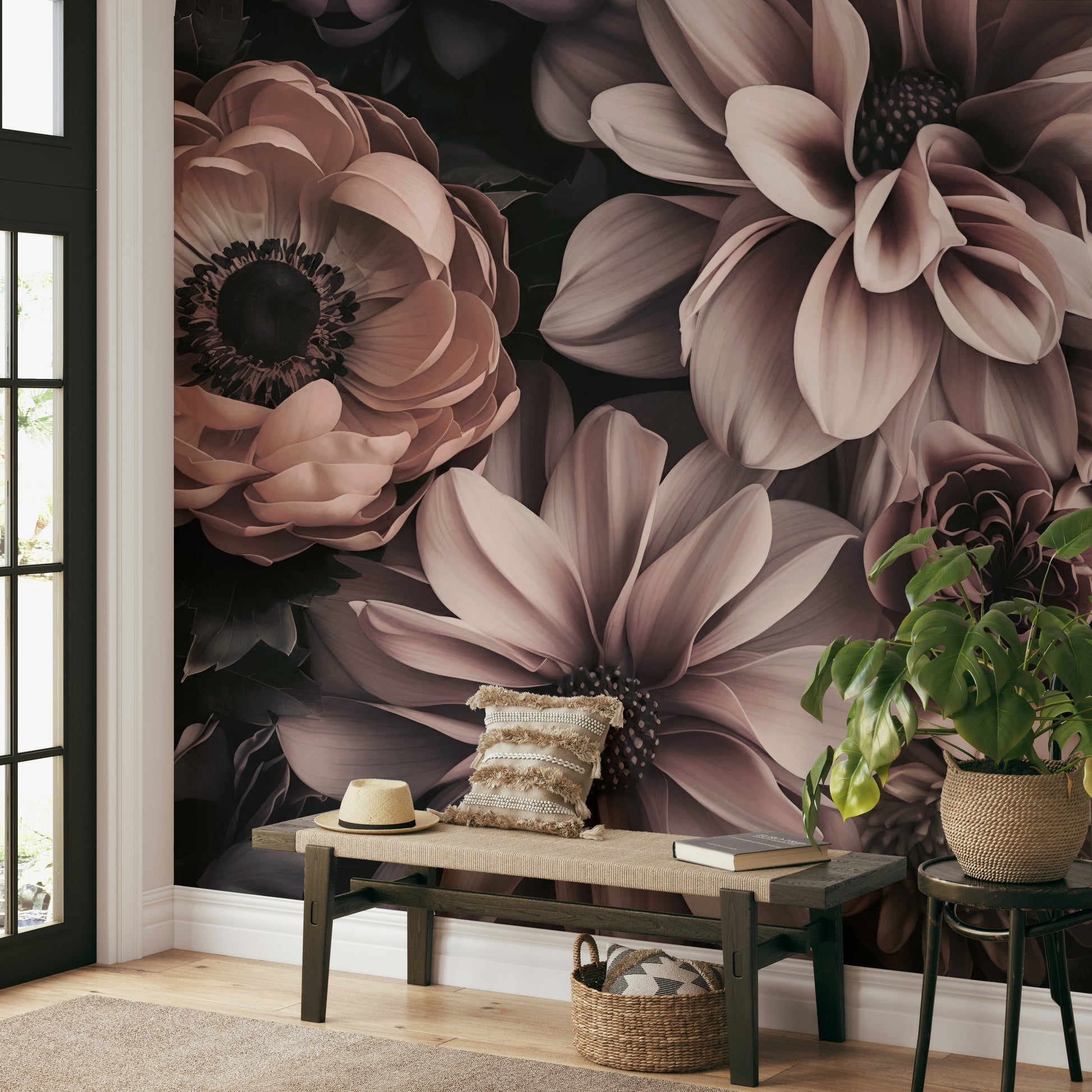 A wall mural of a luxurious floral pattern.

