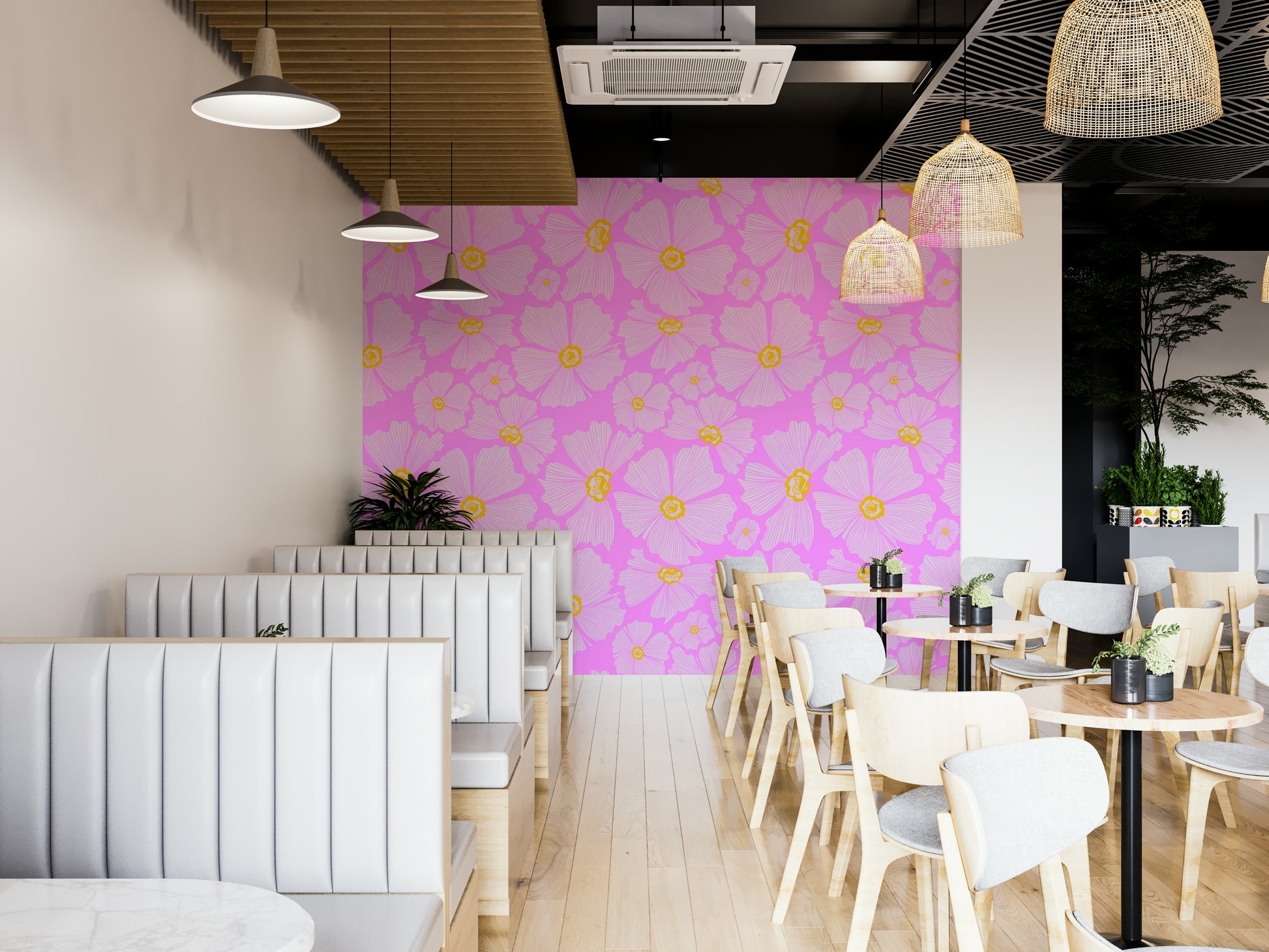 The image shows a repeating pattern of blooming flowers and leaves.

