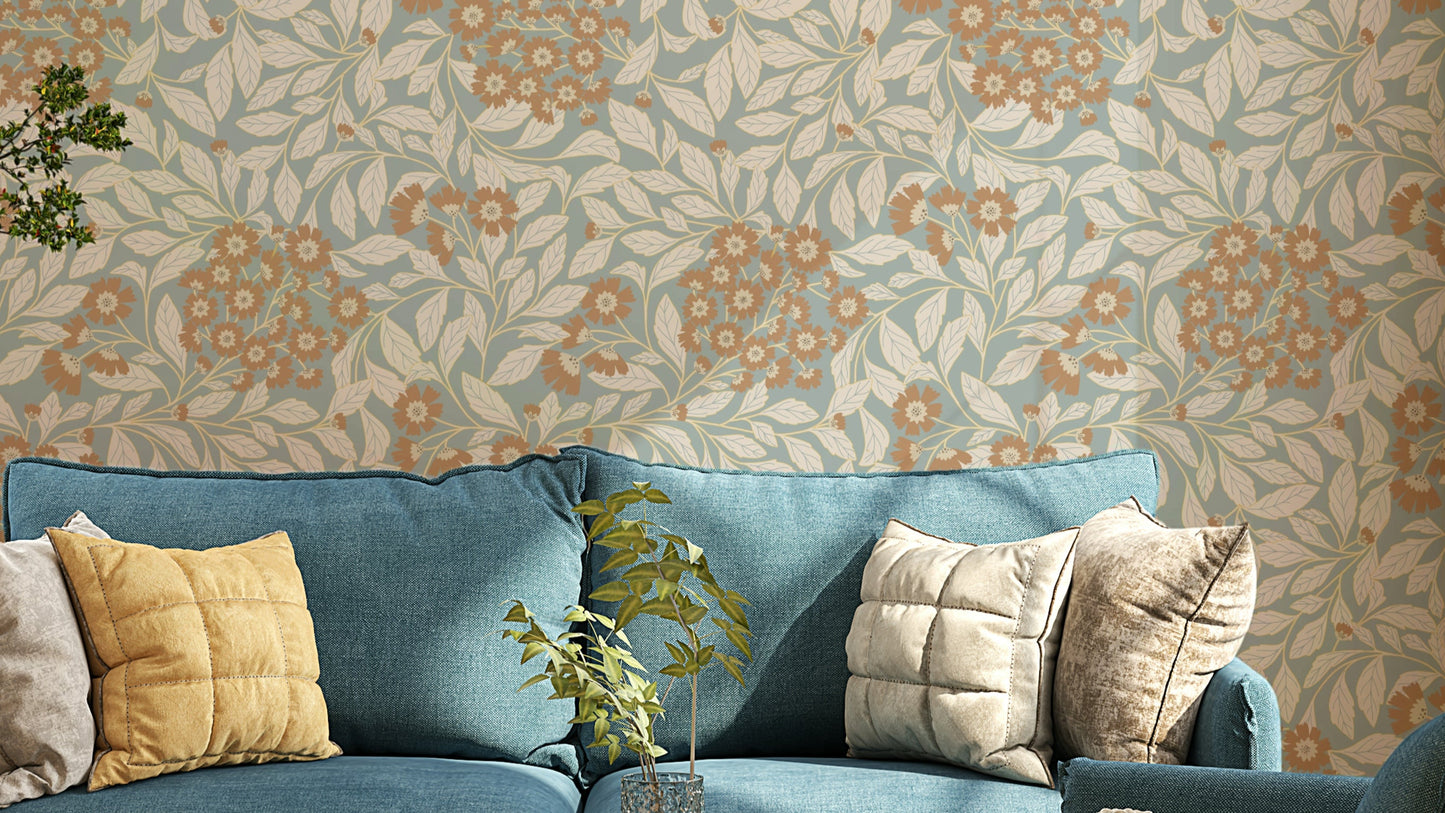 The colors are earthy tones like beige, brown, and soft green.

