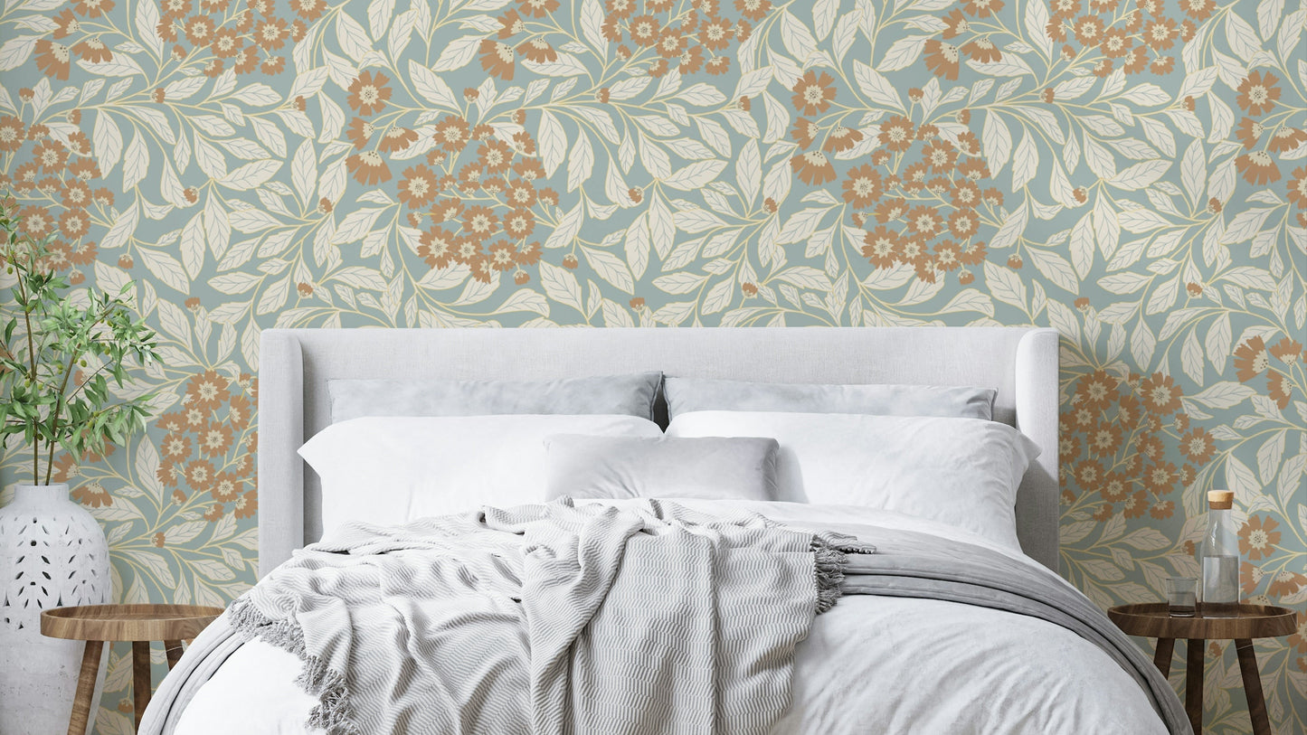 The image shows a repeating pattern of rustic flowers and leaves.

