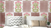 The image shows a repeating pattern of pink flowers and stripes.

