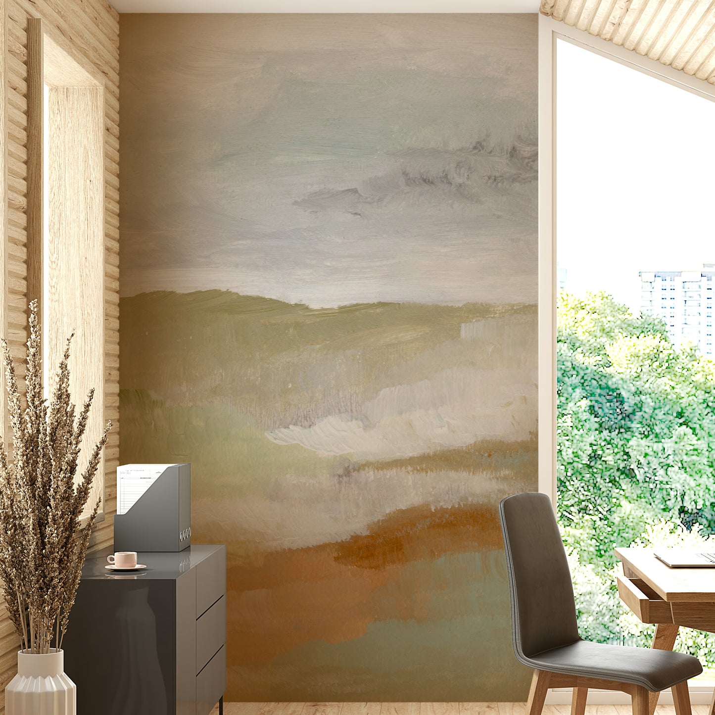 The colors are soft, painted tones.

