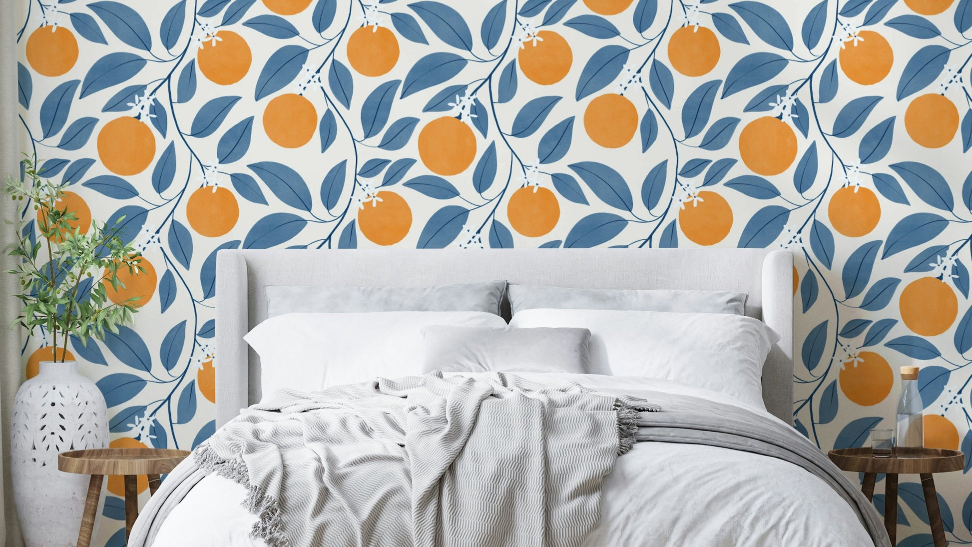 The orange blossoms are a central focus of the image.

