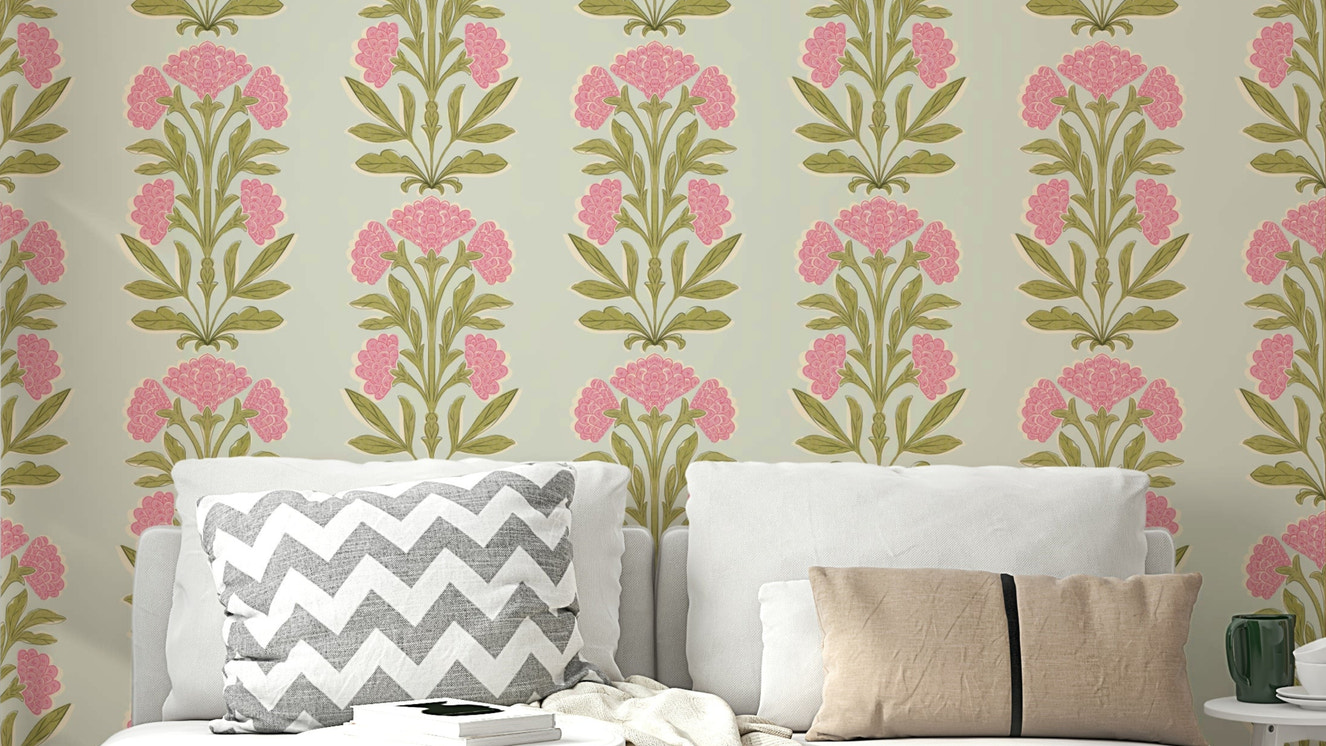 A wallpaper design with a floral and striped pattern.

