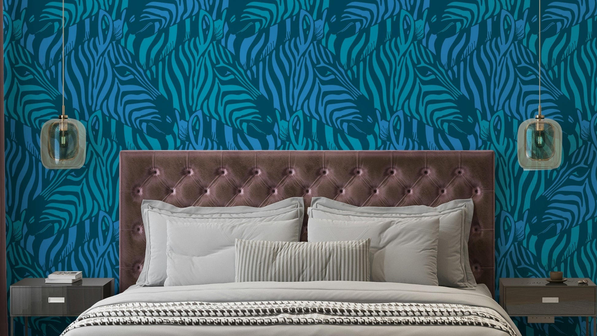 The colors are soft, muted tones of bright turquoise, blue, and teal.

