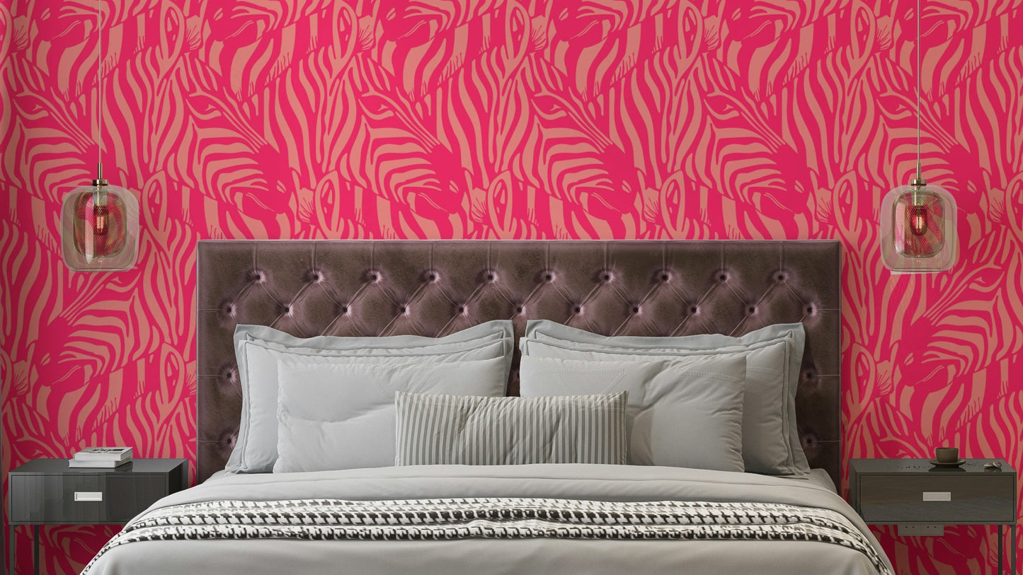 A wall mural of a zebra herd with artistic stripes.

