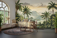 The colors are soft, muted tones of green, beige, and pink.

