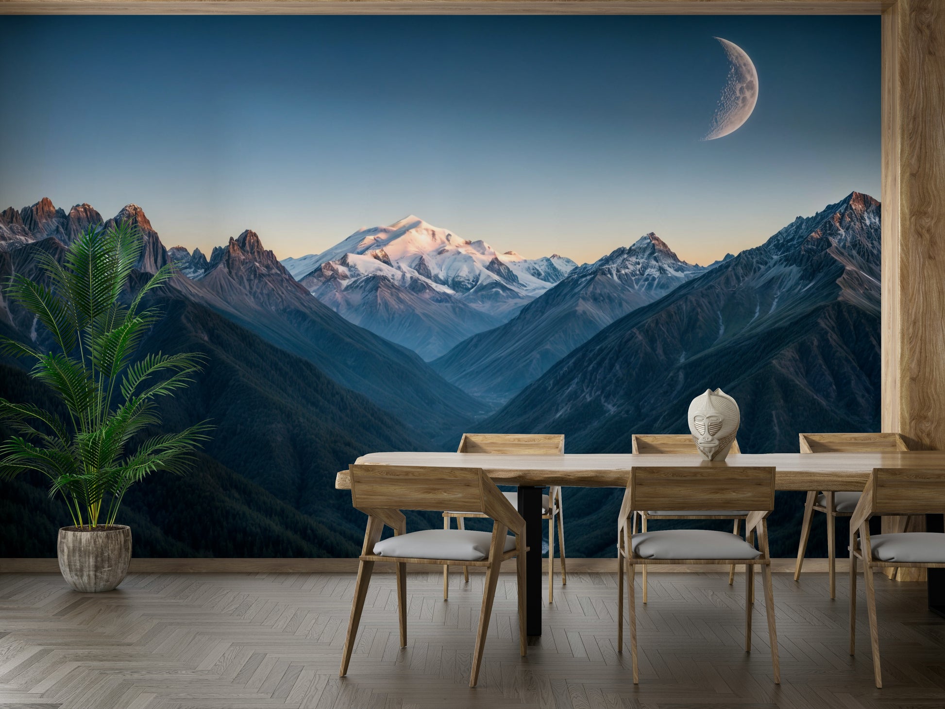 The image shows an artistic impression of a serene mountain scene with moonlight.

