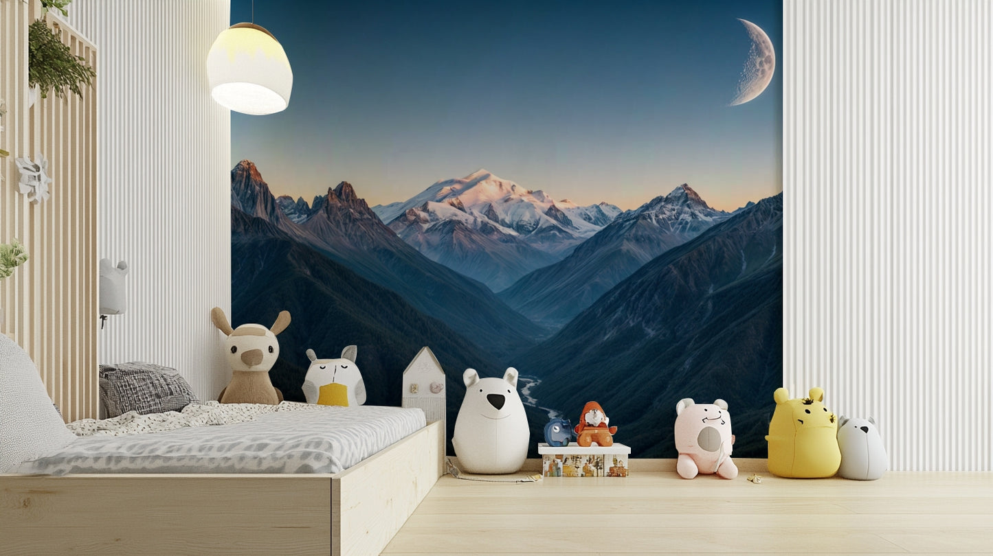 A wall mural of a peaceful mountain range.

