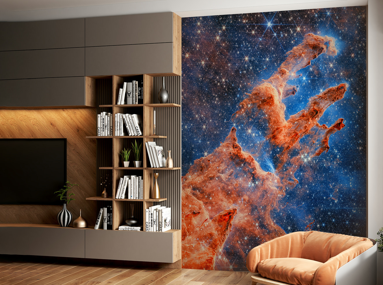 A wall mural of a cosmic landscape.

