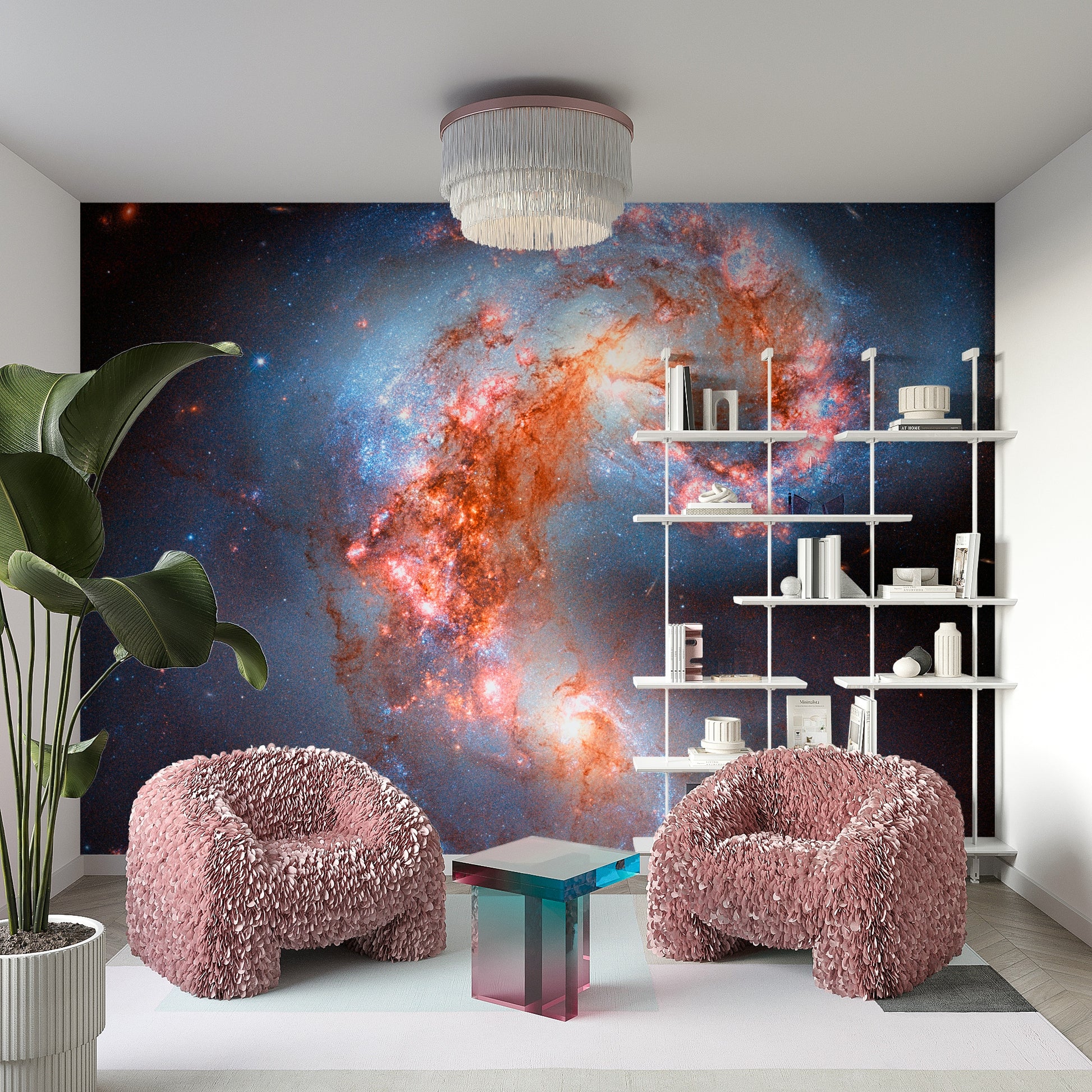 A wall mural of a cosmic landscape.

