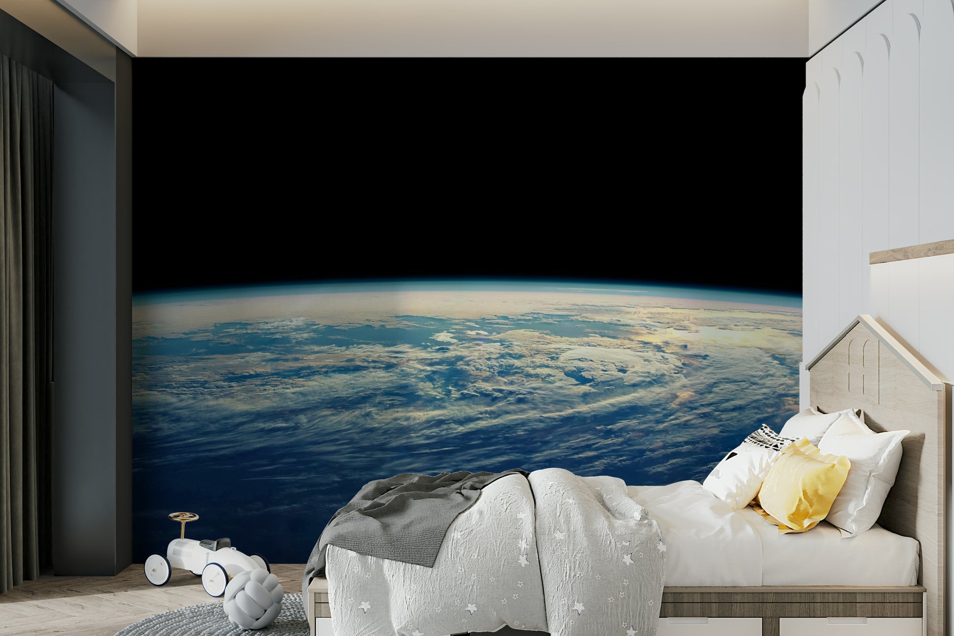 A wall mural of a cosmic landscape.

