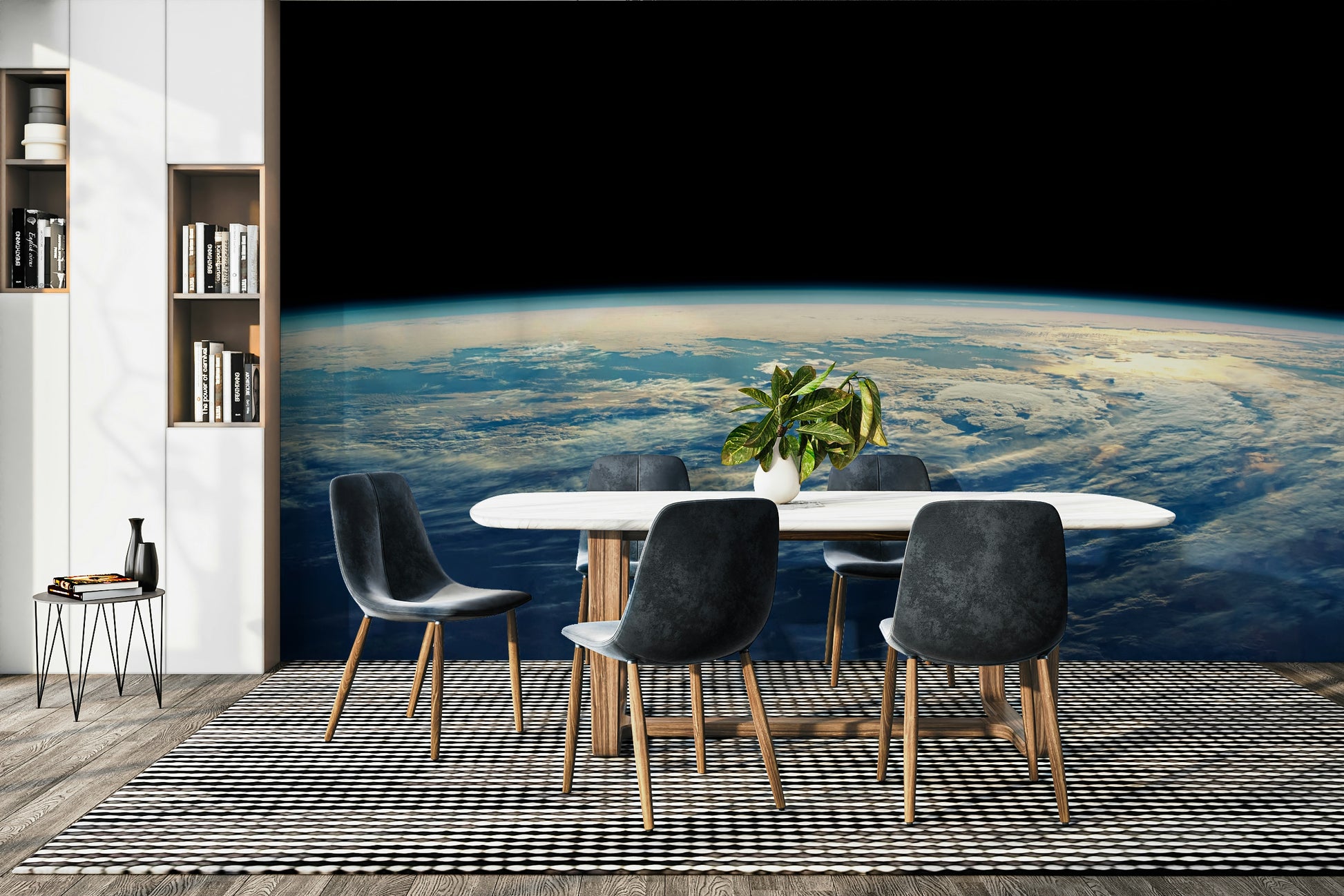 The image shows a peaceful, otherworldly scene with celestial elements.

