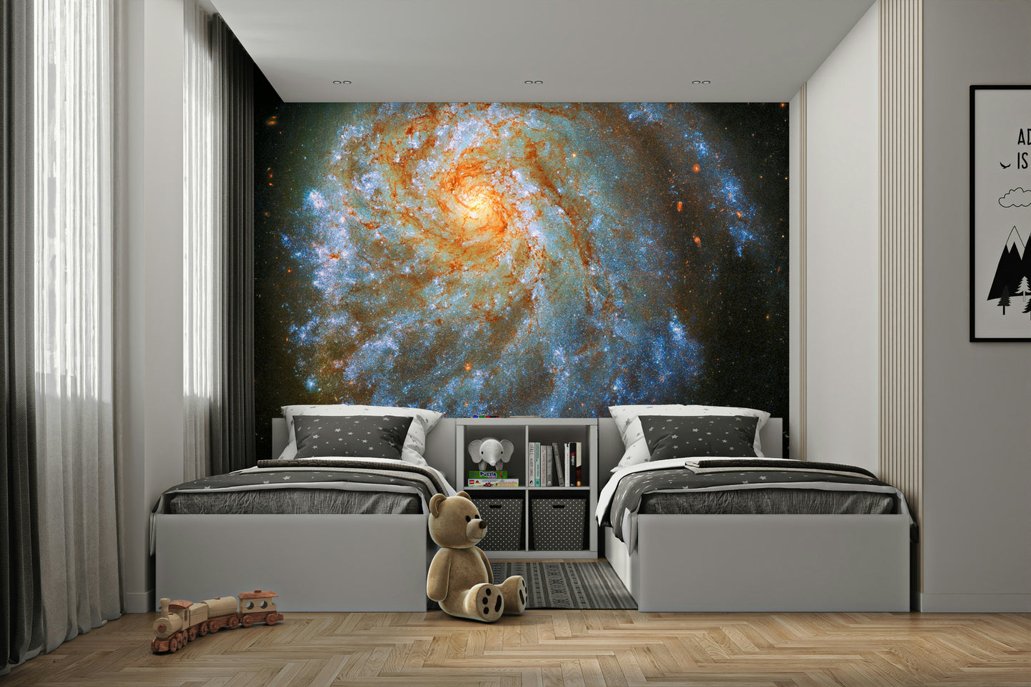 The galaxy shapes are a central focus of the image.

