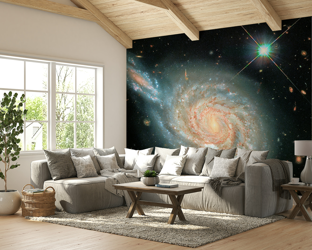 A wall mural of a cosmic landscape.


