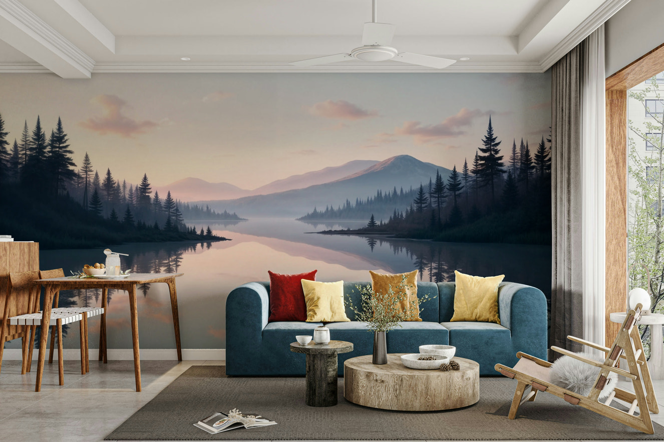 A wall mural of a peaceful lake landscape.


