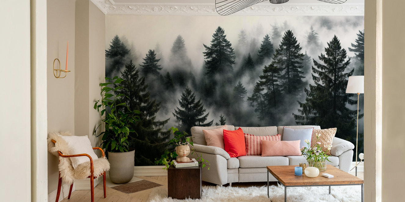 A wall mural of a peaceful evergreen forest.


