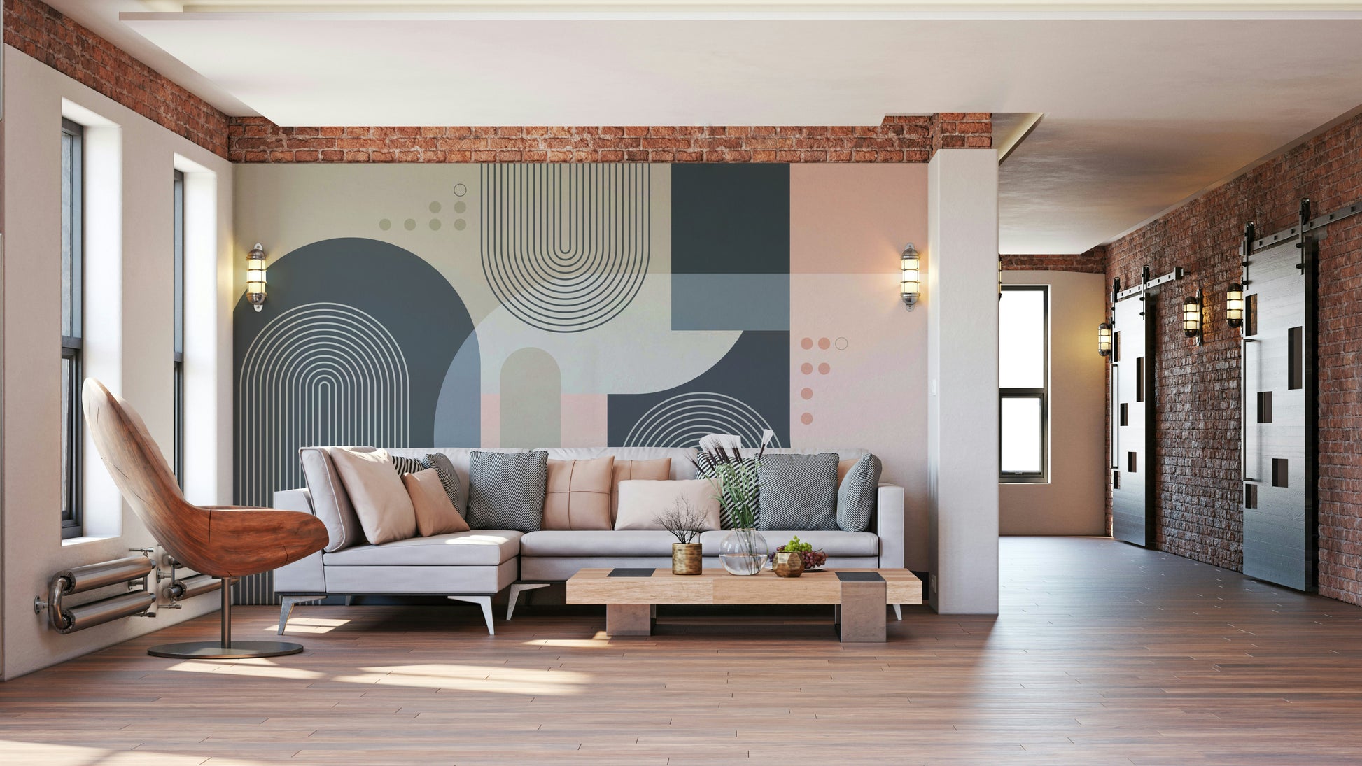 A wall mural of a geometric arches pattern.

