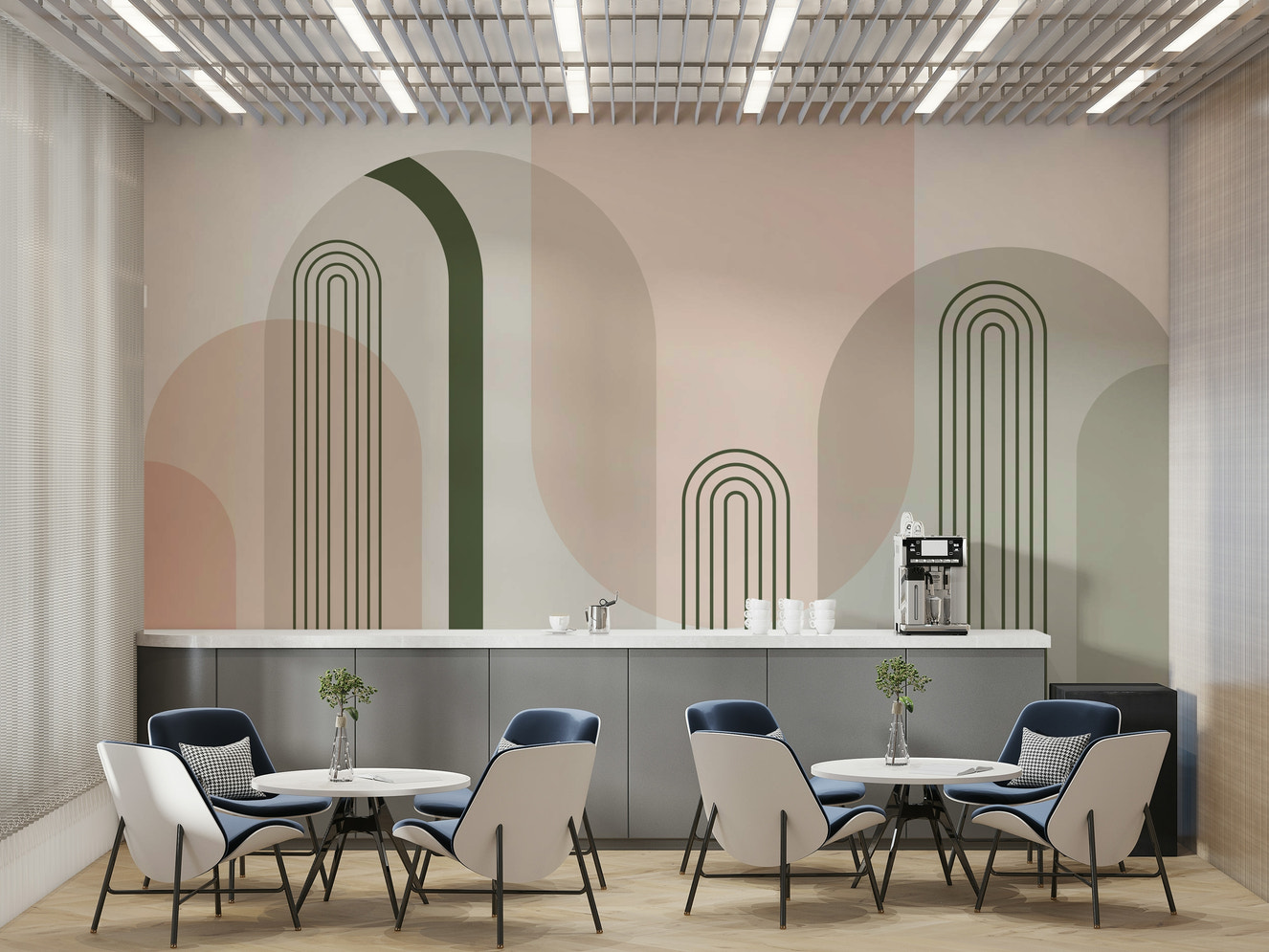 A wall mural of an abstract, geometric pattern.

