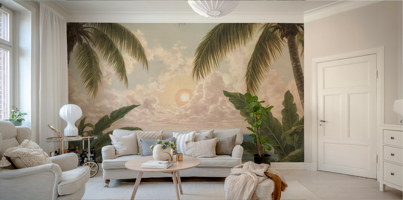 A wall mural of a peaceful coastal landscape.

