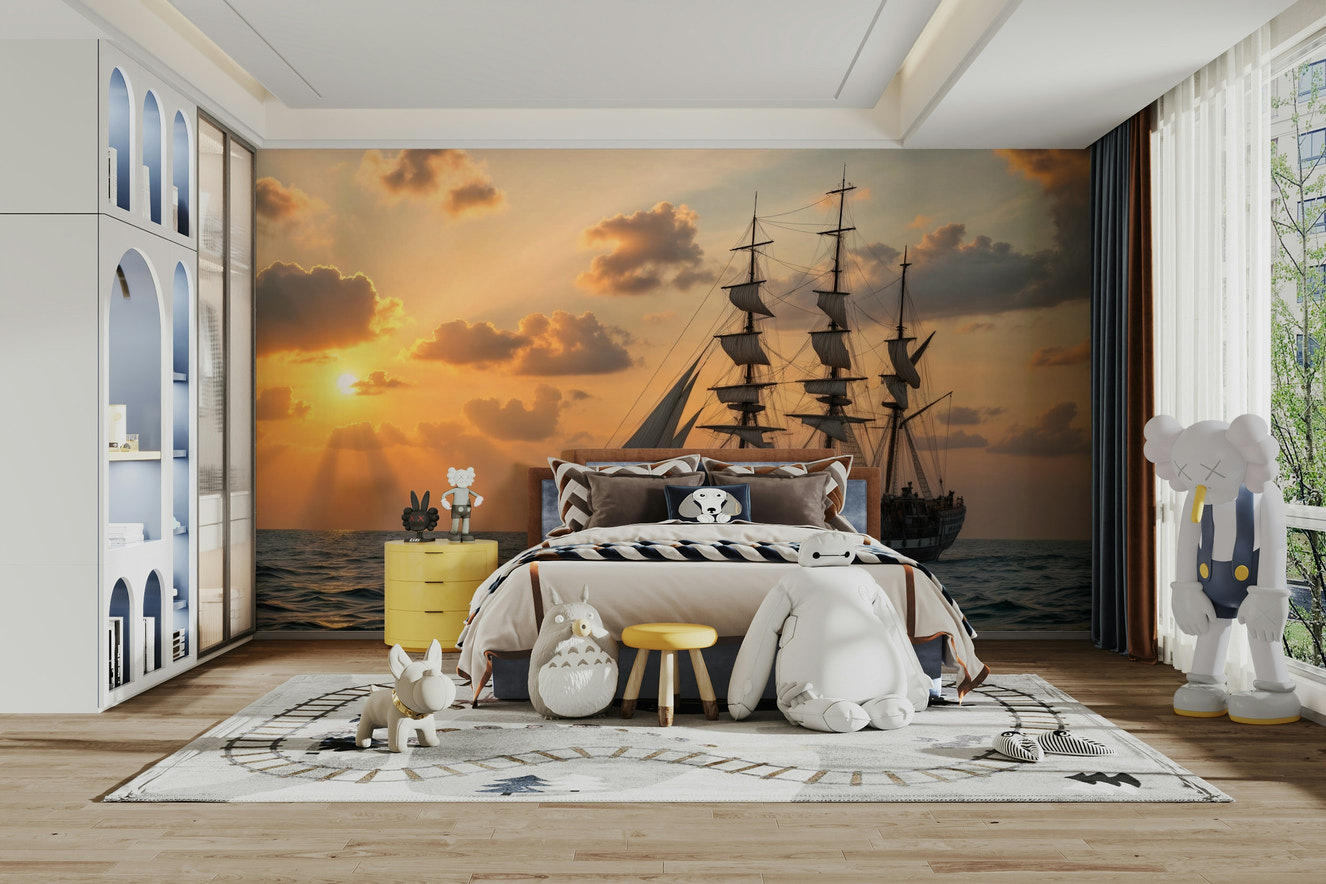 A detailed image of a wall mural featuring a sailboat at sunset.

