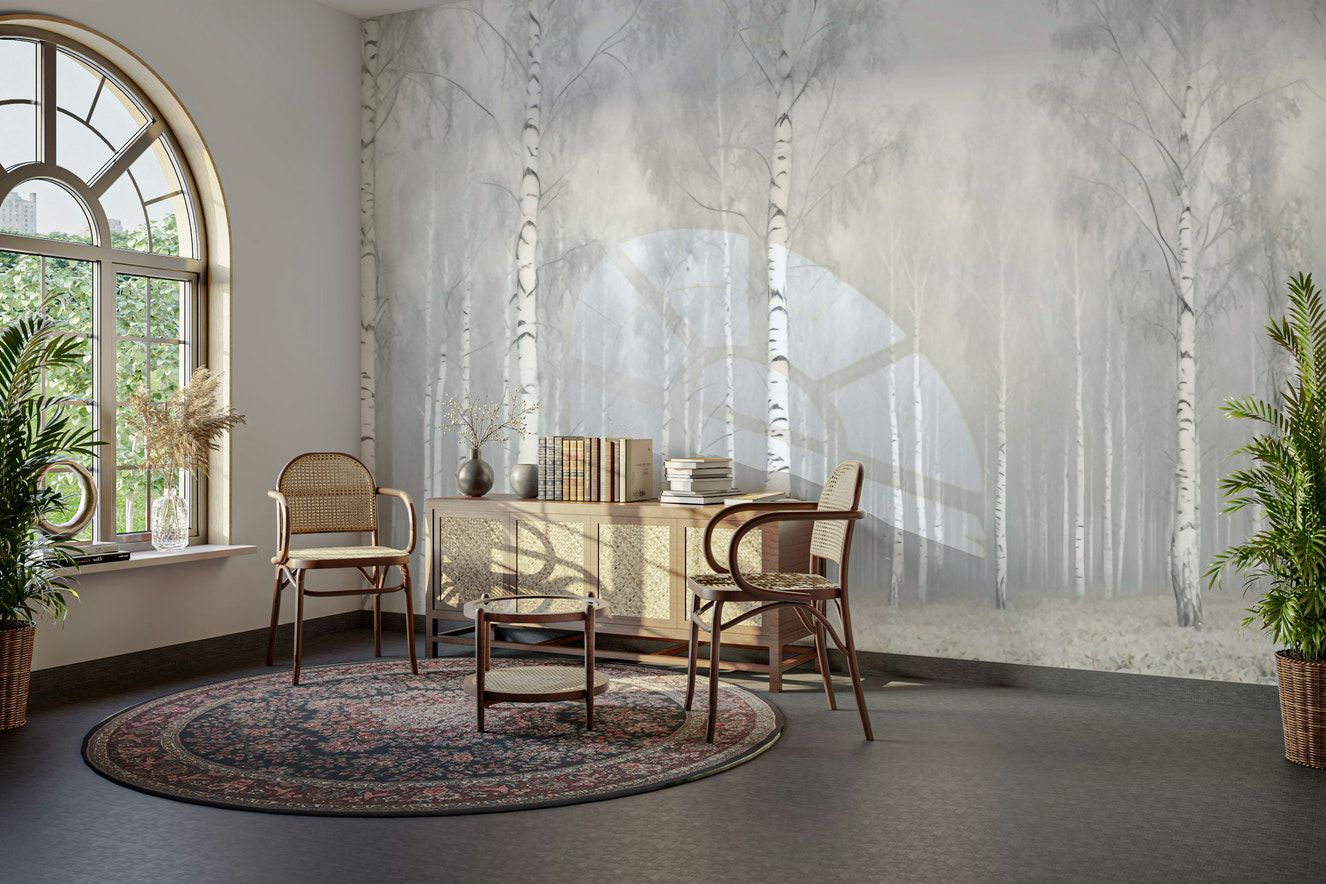 A detailed image of a wall mural featuring a winter forest scene.

