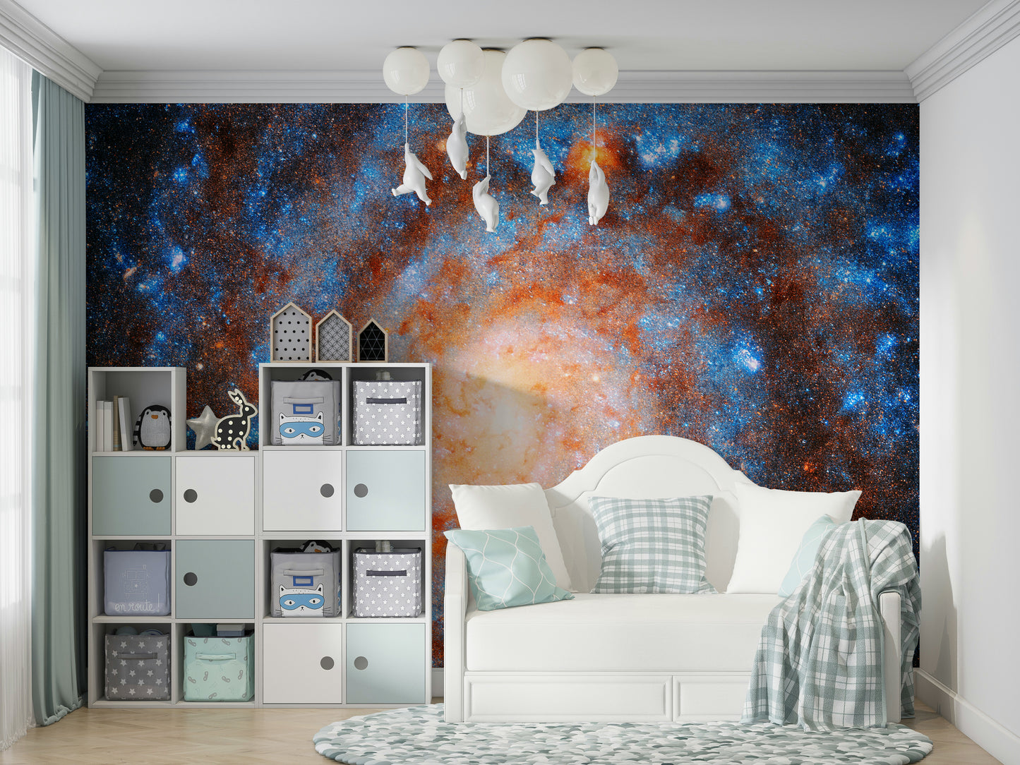 The image shows a peaceful, otherworldly scene with celestial elements.

